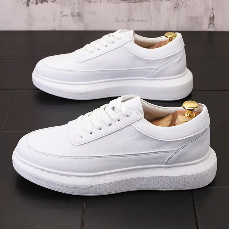 Korean design men\'s casual white shoes natural leather shoe breathable lace-up platform sneakers young streetwear zapatos hombre