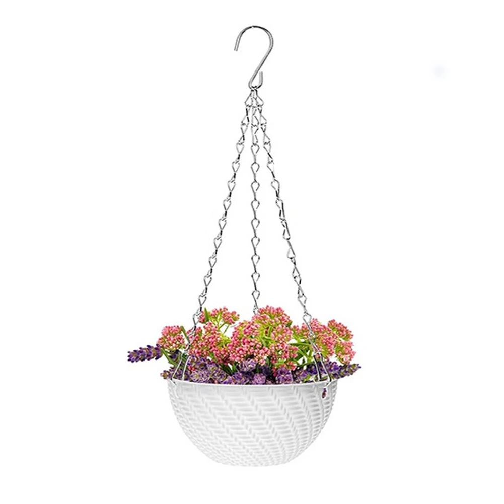 Plastic Hanging Basket with Drainage Holes and Rustproof Triple Chain for Indoor Outdoor Plants White Blue Pink Green Purple