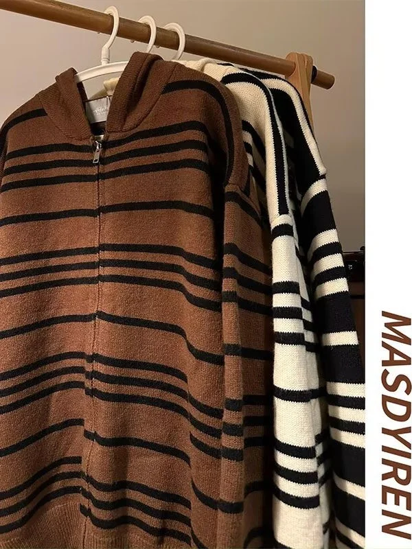 

Retro American Sle Men's Knitted Zipper Hooded Sweater Jaet Stripe Pattern Casual Loose Fit Spring Autumn Outerwear