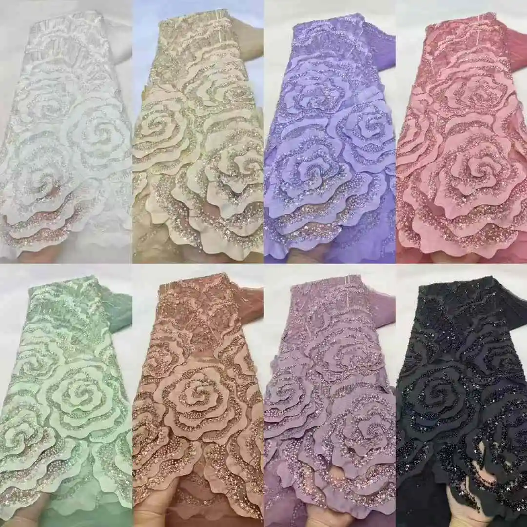 African Luxury Beaded Tulle Lace Fabric 2025 Nigerian Handmade Heavy Sequins Lace Fabric Fro Bridal Wedding Dress Party Sewing