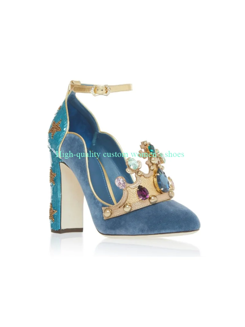 

Round Toe Velvet Fabric Pink High Heel Crown Gemstone Decoration Chunky Heels With An Ankle Buckle Luxury Women's Footwear