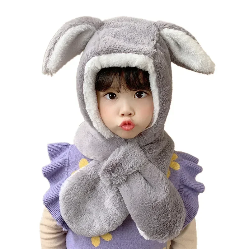 Sweet Baby Hat Scarf in One for Boys Girls Cute Autumn Winter Cartoon Cute Rabbit Ear Plush Warm Hats Children\'s Windproof Cap