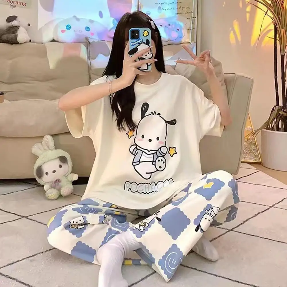 

Женские пижамы Pochacco Hello Kitty, 2 шт., новые брюки с короткими рукавами, студенческая летняя модная тонкая повседневная свободная одежда, одежда для дома