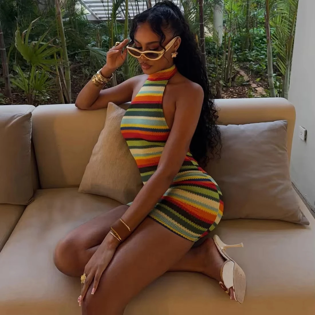 Vestido Mini de Malha Listrado - Y2K Backless Halter Mini Dress avaliação e preço