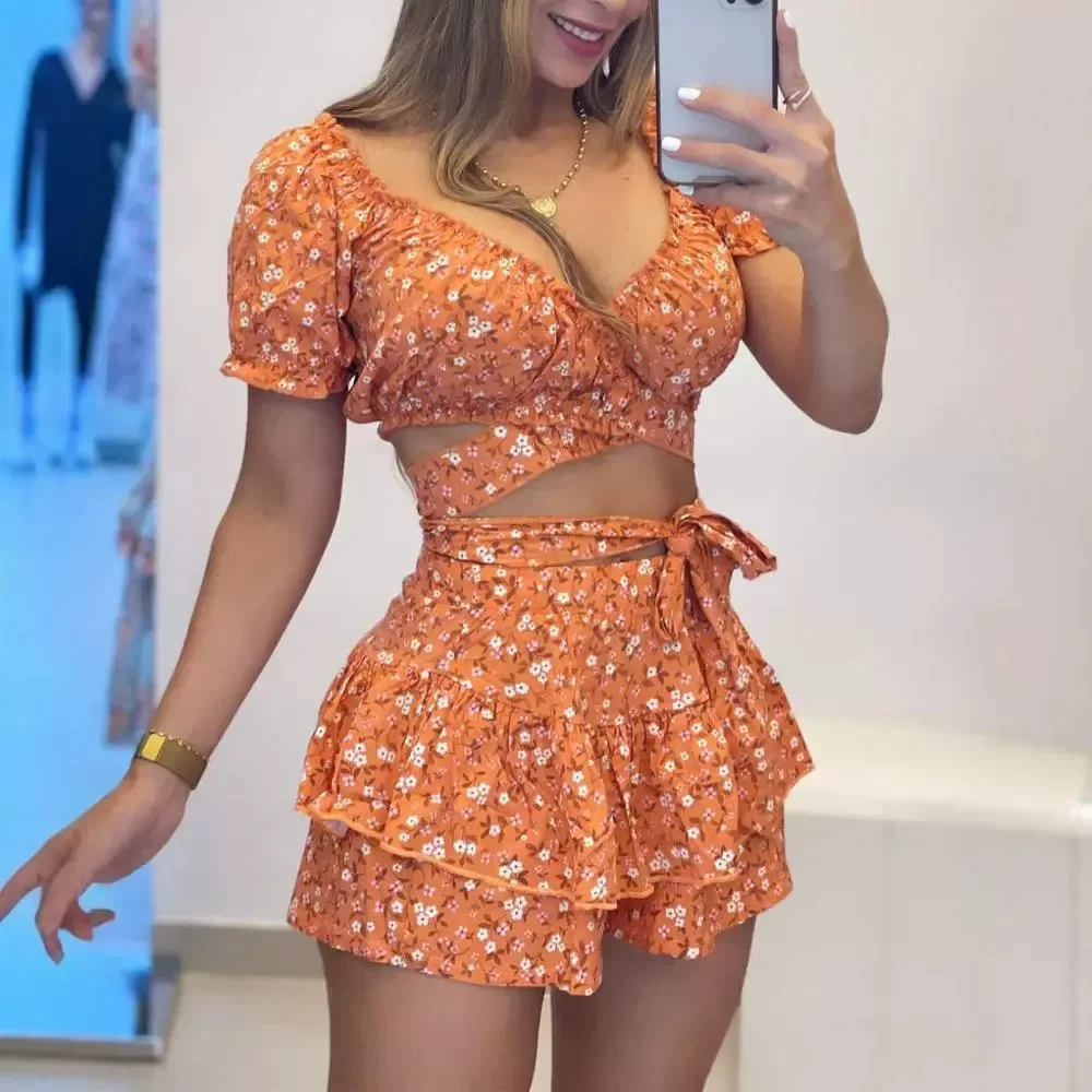 Playsuits Women Print Floral Jumpsuits Shorts Skirts Pants V Neck Short Sleeve Lace Up Tight Waist One Piece Sexy Rompers