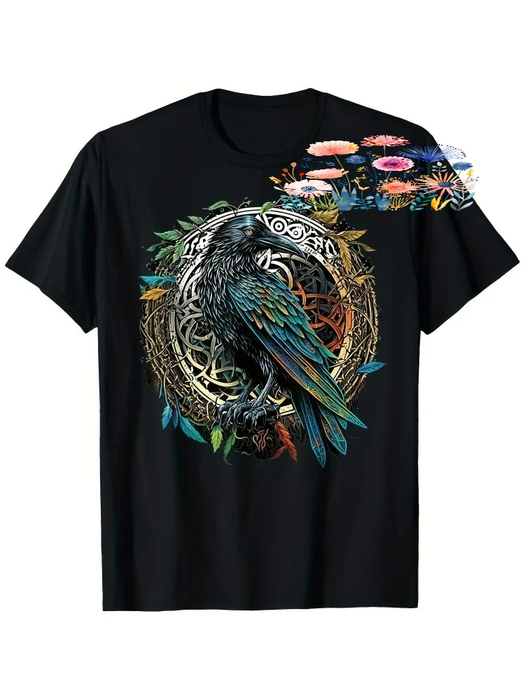 With colorful crow and Celtic Nordic mythology, Midgard Thorwalalla pattern design, cotton round neck short-sleeved T-shirt,