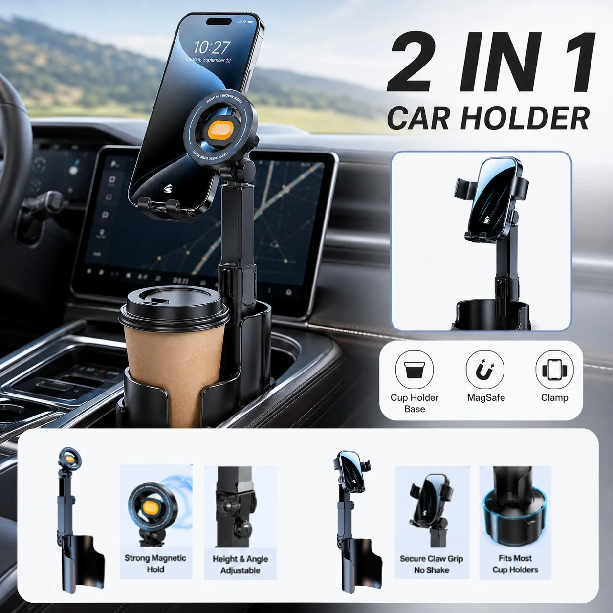 Support de téléphone magnétique pour porte-gobelet de voiture, support magnétique MagSafe N52, hauteur réglable, rotation à 360°, bras télescopique pour smartphone