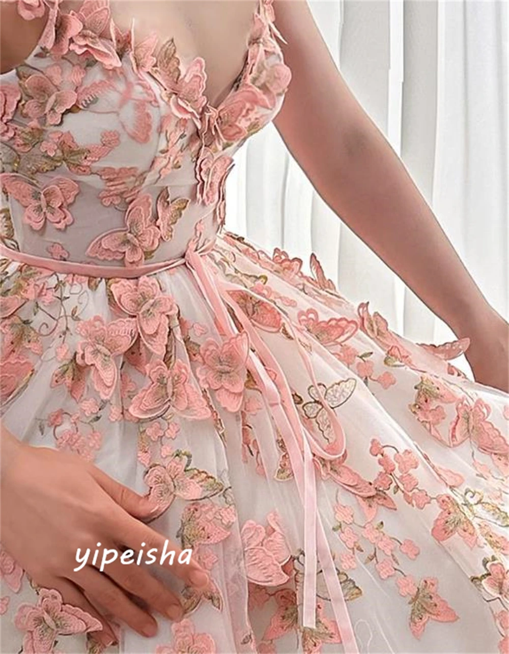 Yipeisha Intricate Exquisite Spaghetti Strap A-line Applique Draped Anke Length Organza Evening Dresses Saudi Arabia