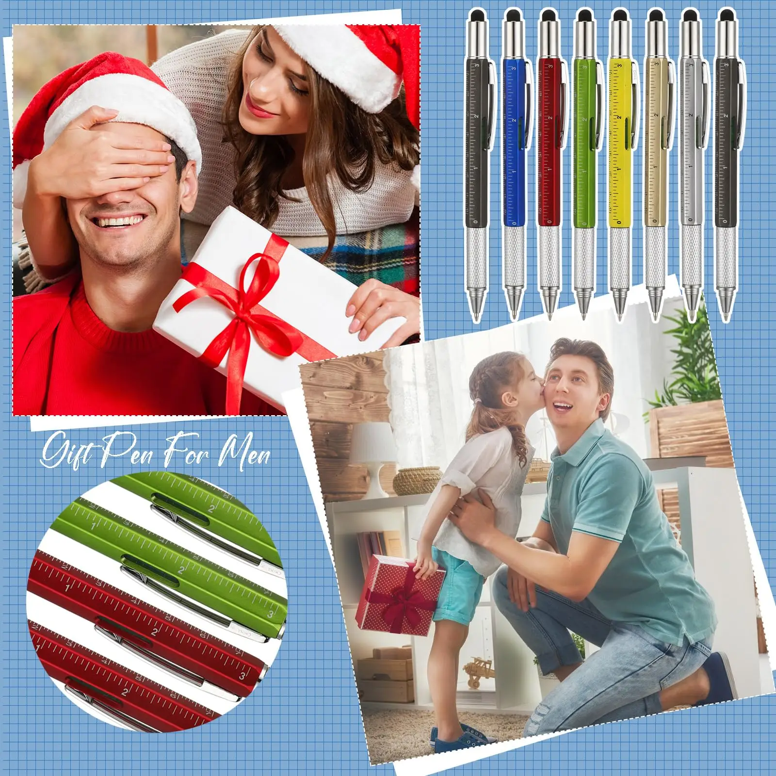 8Pcs 6 in 1 Combines Screwdriver Ruler Level Stylus Refills, Gift for Father Men Husband, Portable Tool for Work DIY Projects