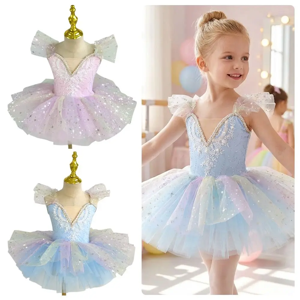 Abito da balletto per bambini Abito da balletto per bambini con paillettes alla moda Abiti da spettacolo moderni con perle Abito da festa gonfio Abito da principessa per ragazze per bambini
