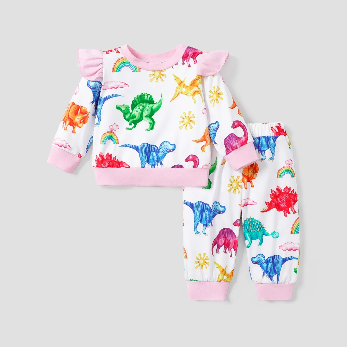 PatPat 2pcs Baby Girl Dinosaur Pattern Ruffle Edge Set  Casual/Outdoor The dinosaur Suitable for Autumn Season Full print