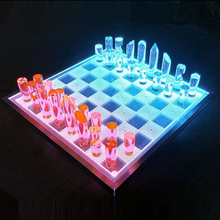 

3D Luxe Acrylic Fire Ice LED Light Glowing Chess Set Luxury Laser Cut Chessboard Executive Board Game for Modern Living Rooms H