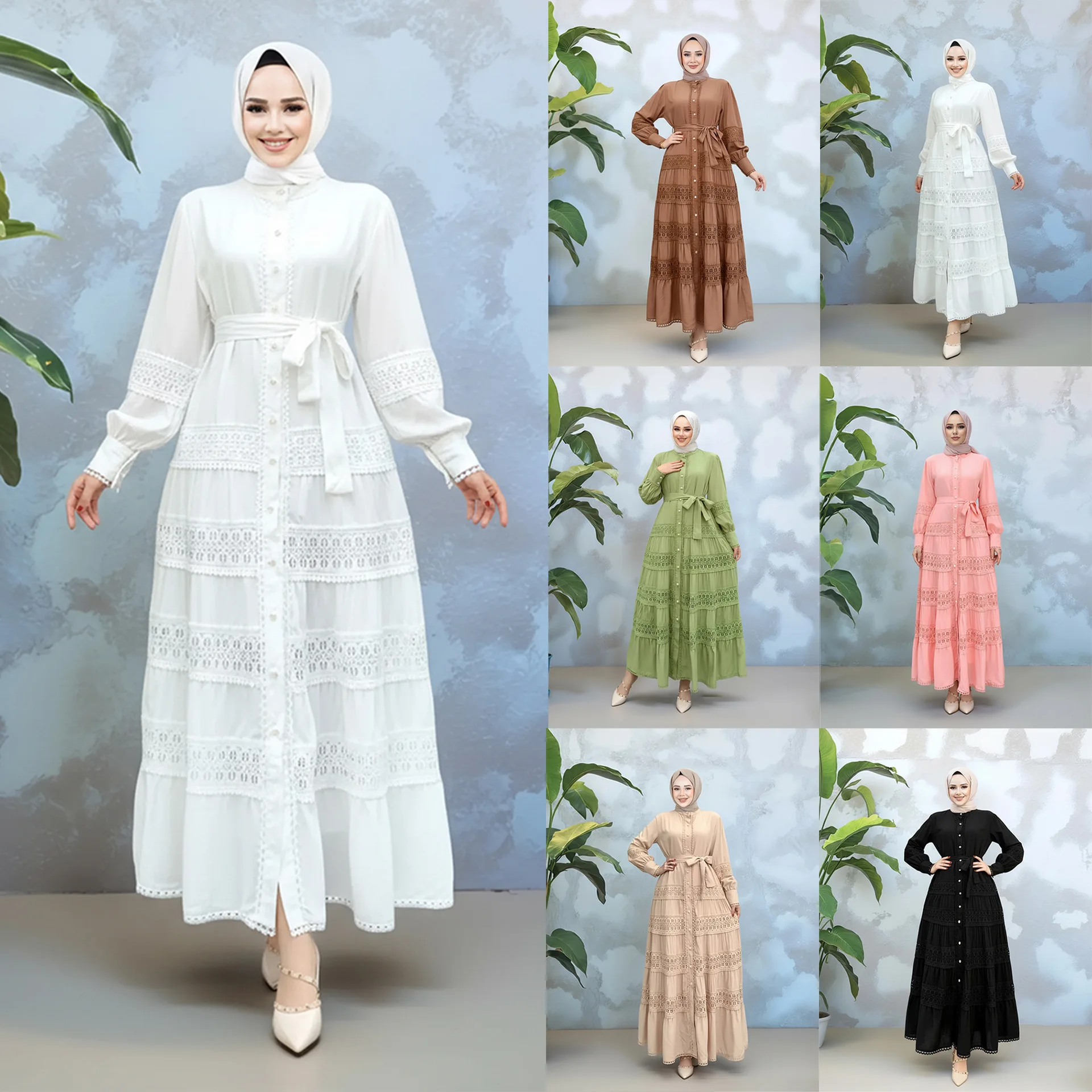 

Платье Абая Женщины Ид Мусульманские Кружевные Платья Кафтан Однобортные Платья Джалабия Марокко Дубай Ислам Арабский Длинный Халат Рамадан