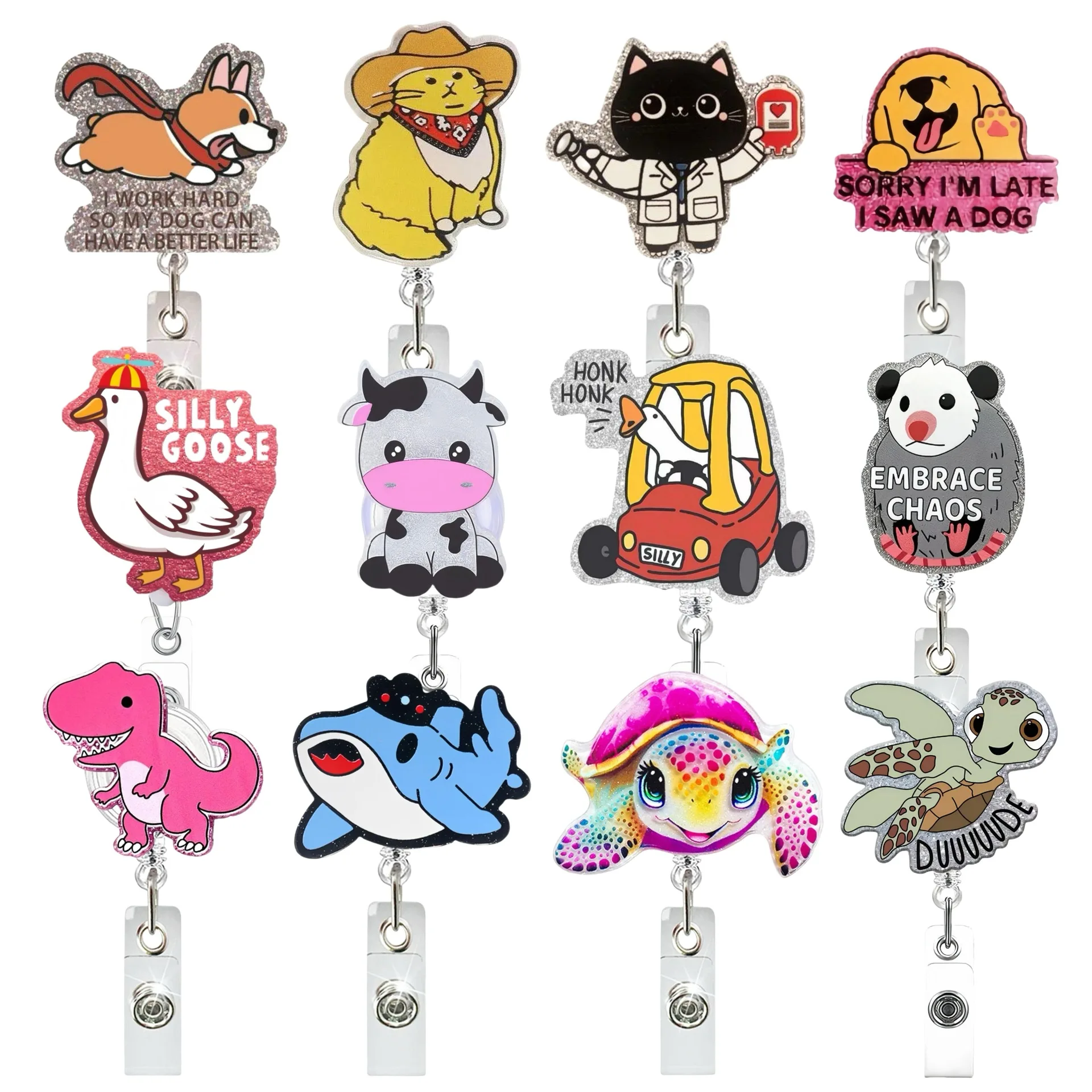 Acrylic Glitter Funny Animal Retractable Buckle Nurse Badge Reel Doctor Work Card Clip ID Card Holder Lanyard Office Supplies