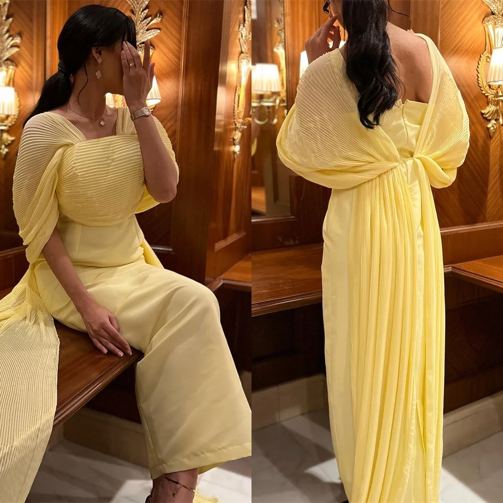 

Customized Elegant Yellow Chiffon Party Dresses Simple Strapless Celebrity Gowns Exquisite Sweep Train Evening Gowns Luxury