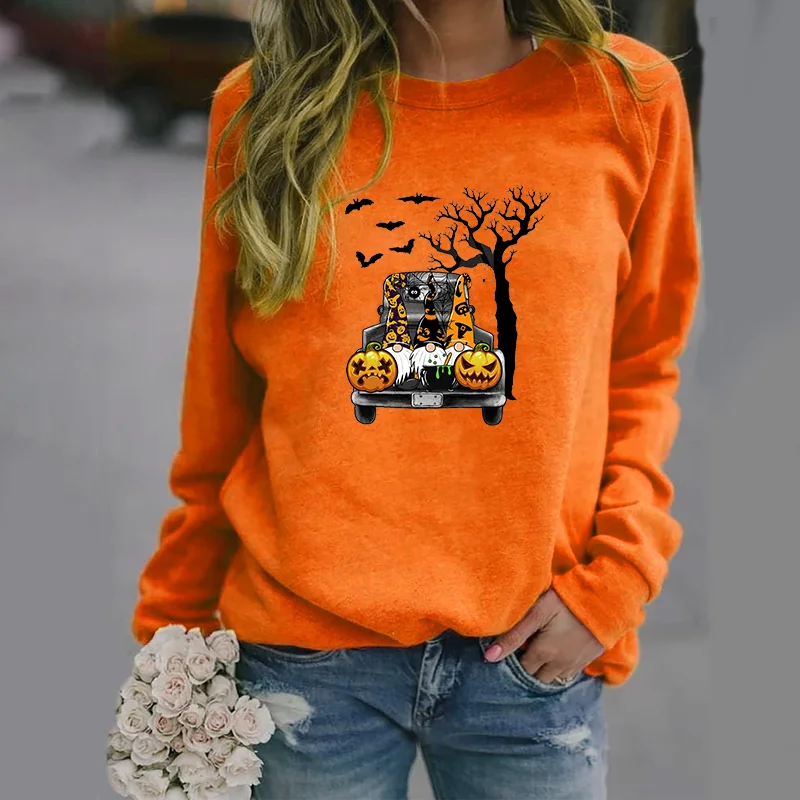 Halloween Pumpkin Gnome Pattern Harajuku Pullover Women's Long Sleeve Fall Fashion Round Neck Sweatshirt Tops Halloween Women's