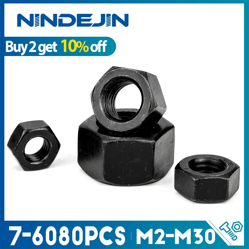 NINDEJIN Black Hexagon Nuts M2 M2.5 M3 M4 M5 M6 M8 M10 M12 M14 M16 M18 M20 M22 M24 M27 Carbon Steel Metric Hex Nuts Wholesale