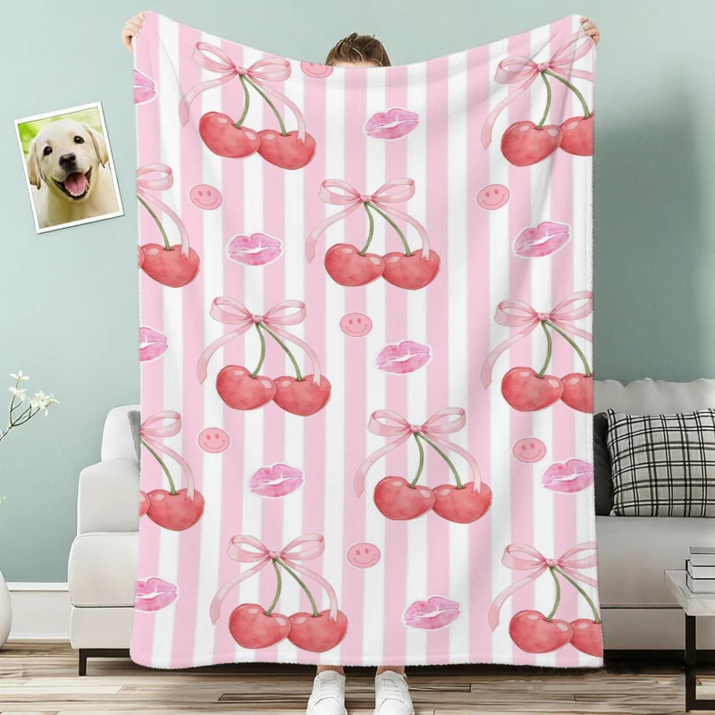 Pink White Stripe Cherry Bow Watercolor Flannel Blanket For Sweet Bedroom Decor Soft Warm Throw Blanket Wrap