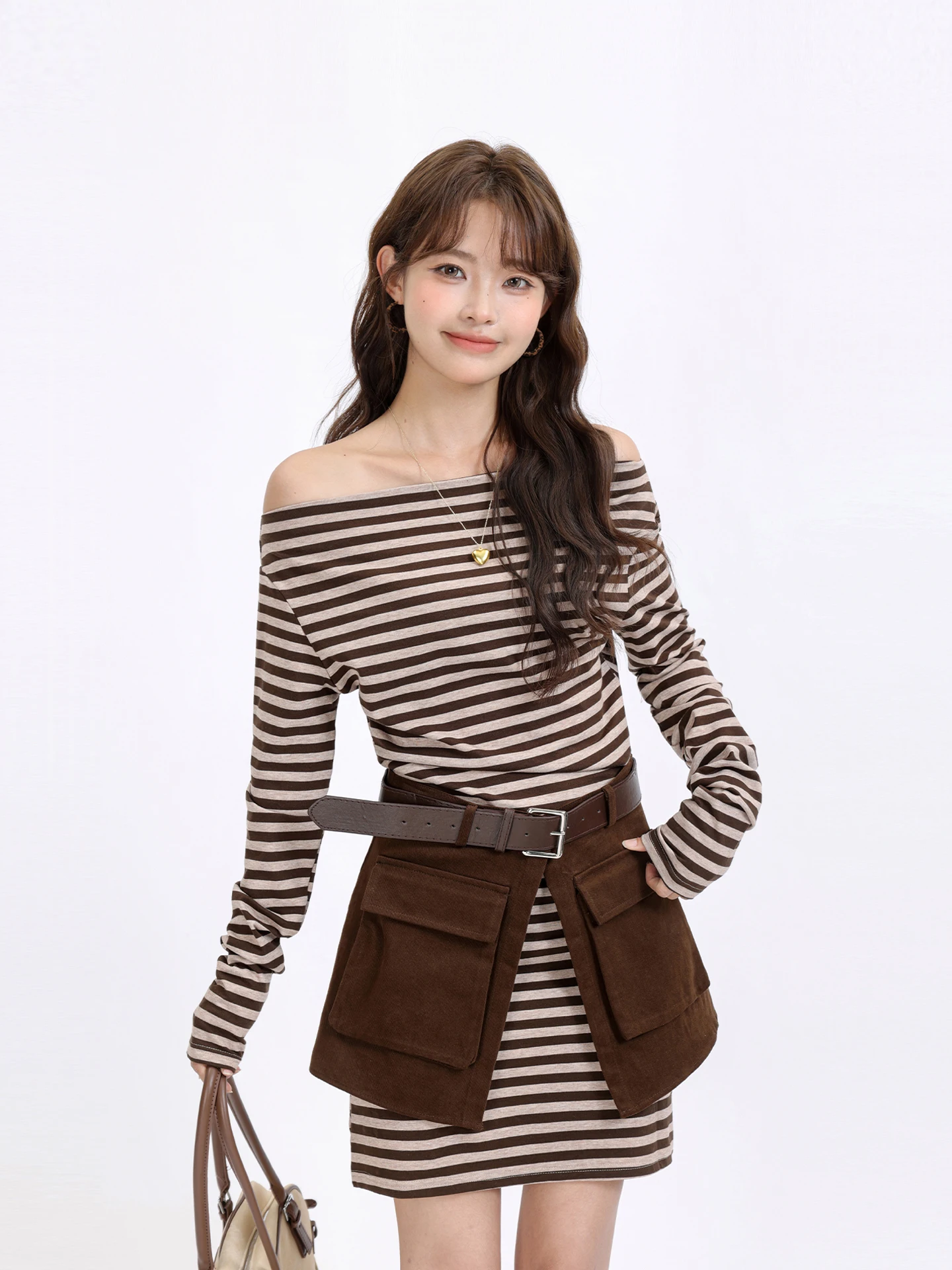 American Retro Striped Long Sleeve T-Shirt One Shoulder High Waist Slimming Midi Skirt Split Set Autumn Casual Style Universa...