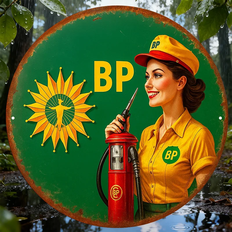 2D Flat - 1pc Vintage BP Girl Fuel Metal Sign | 2D Flat, Aluminum, 20.32x20.32 cm Retro Gas Station Plaque for Cave, Bar Wall De