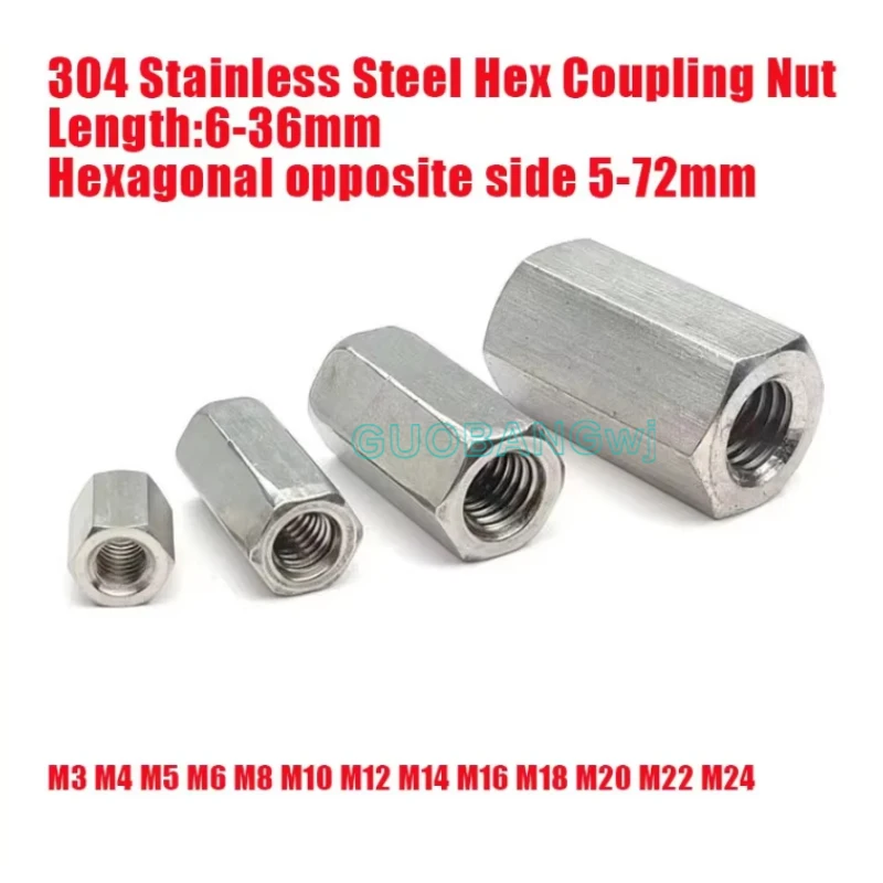 

2/4pcs M3 M4 M5 M6 M8 M10 M12 M14-M24 304 Stainless Steel Lengthen Threaded Tubular Nuts Joint Sleeve Nut Hex Rod Coupling Nuts