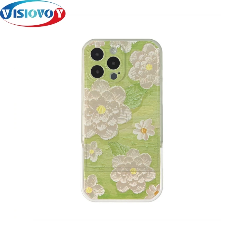 Green Oil Painting Flowers Phone Case for Iphone 15 14 13 Pro Max Painted Bracket Phone Covers Rose Light Luxury Back Case Funda