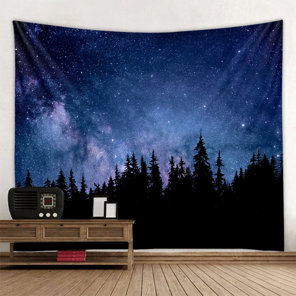 Starry Sky Universe Tapestry Night Forest Landscape Art Decoration Wall Hanging Bedroom Living Room Dormitory Background Cloth