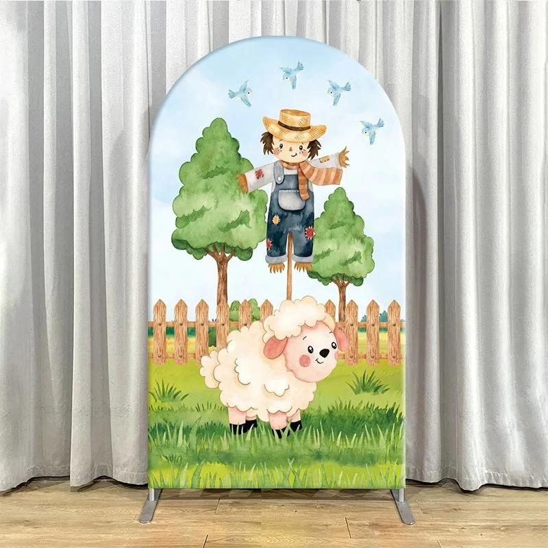 Single Side Arch Backdrop Cover Farm Theme Party Backdrop Featuring Tractor Windmill Cow Sheep and Scarecrow Watercolor Design