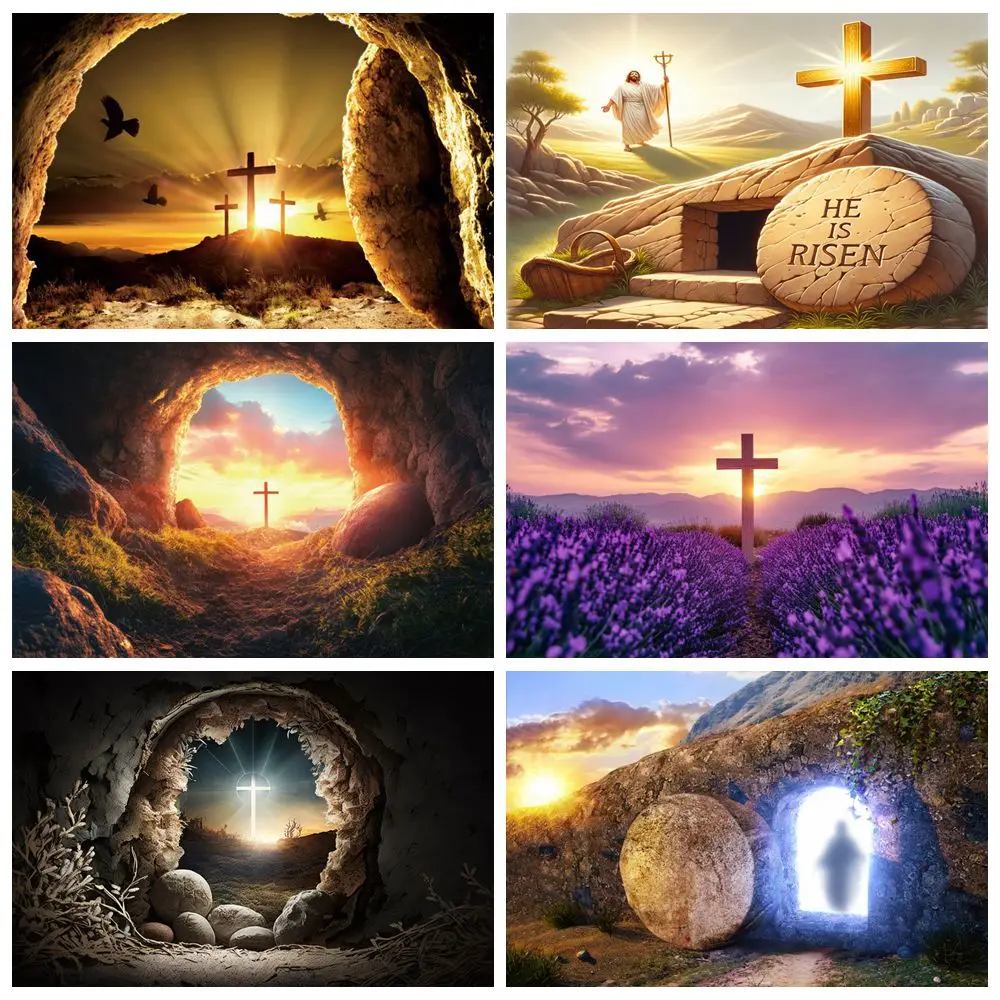 Jesus Christ Cross Photography Backdrop Christian Nativity Scene Sunset Mountain Cave Religious Activities Photocall Background