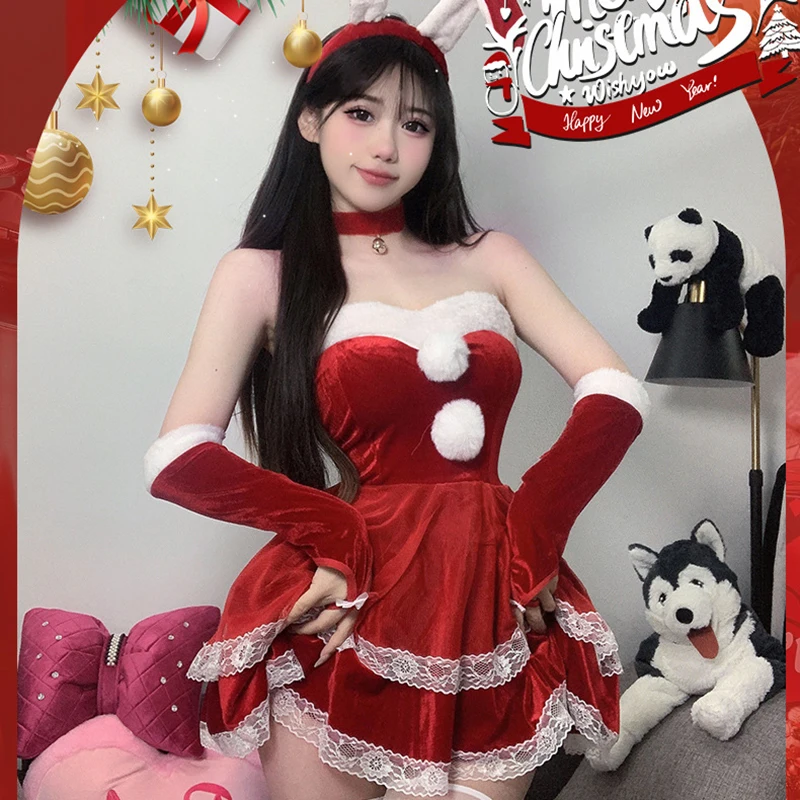 Sexy Frauen Weihnachten Weihnachten Set Rotes Kleid Halsband Haarband Strumpf Weihnachtsmann Cosplay Kostüme Party Dress Up