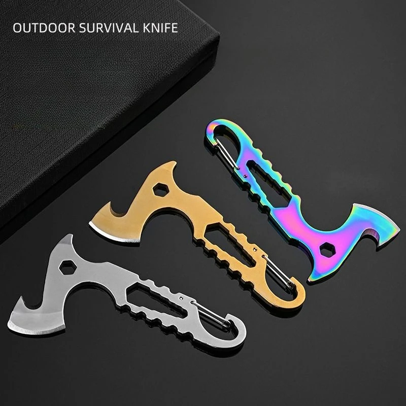 Outdoor zelfverdediging sleutelhanger bijl multifunctionele zes in één mes bijl roestvrij staal Unboxing EDC-tool