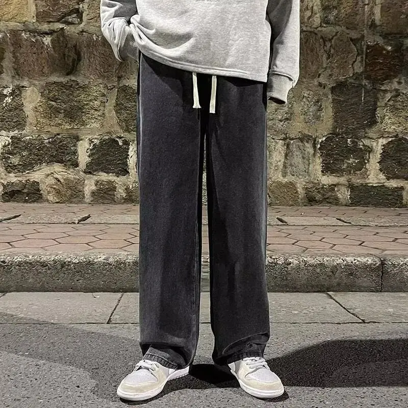 Fashion Men's Solid Color Drape Jeans Loose Straight Korean Vintage High Street Hip-hop Y2K Casual Daily Dragging Wide-leg Pants