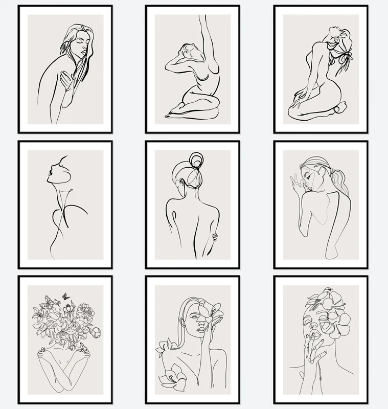 Single Line Modern Naked Girl Silhouette Line Figure Drawing Canvas Painting Minimalist Woman Line Art Boho Home Decor