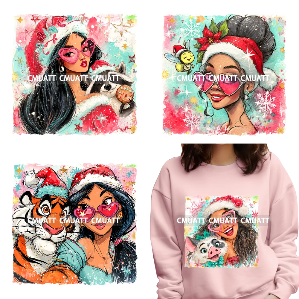 

Brushstroke Princess Girls Christmas Santa Movie Cartoon Car Iron on DTF Washable Transfers Stickers Ready to Press for Textiles