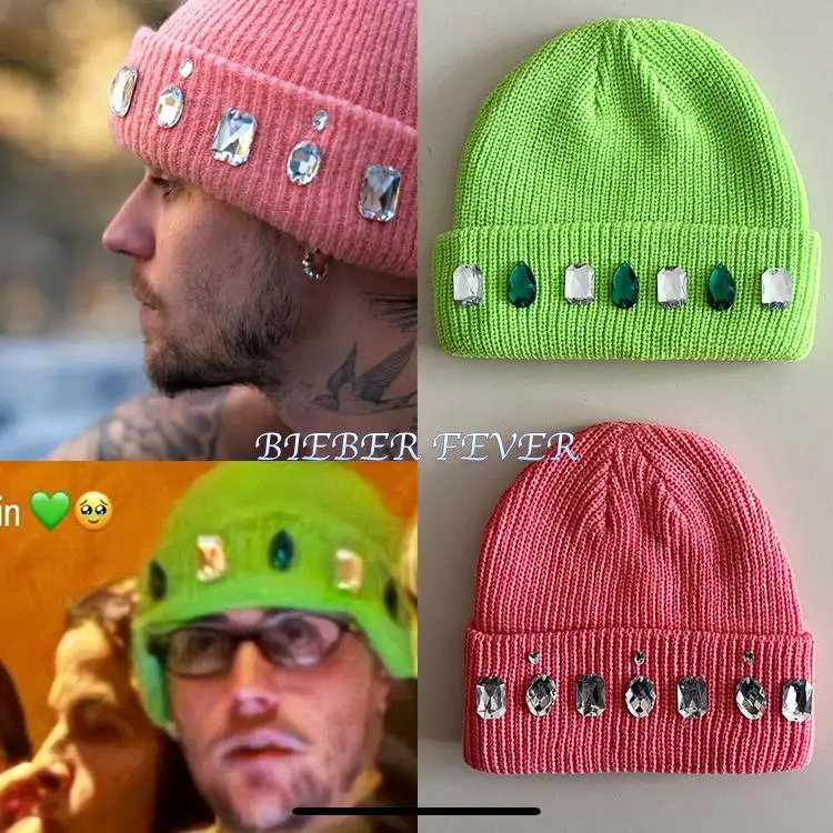 Justin Bieber Unisex Knitted Ski Cap Fluorescent Green Pink Diamond Cable Knit Hat for Men And Women Travel Suitable round Top