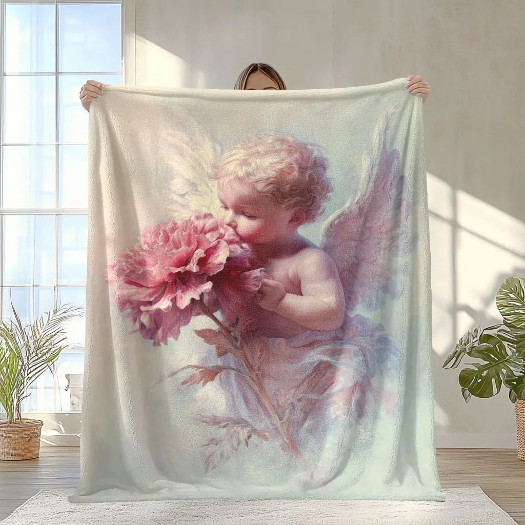 Angels and Pink Flowers Flannel printed blanket suitable for all seasons suitable for living room office sofa and travel