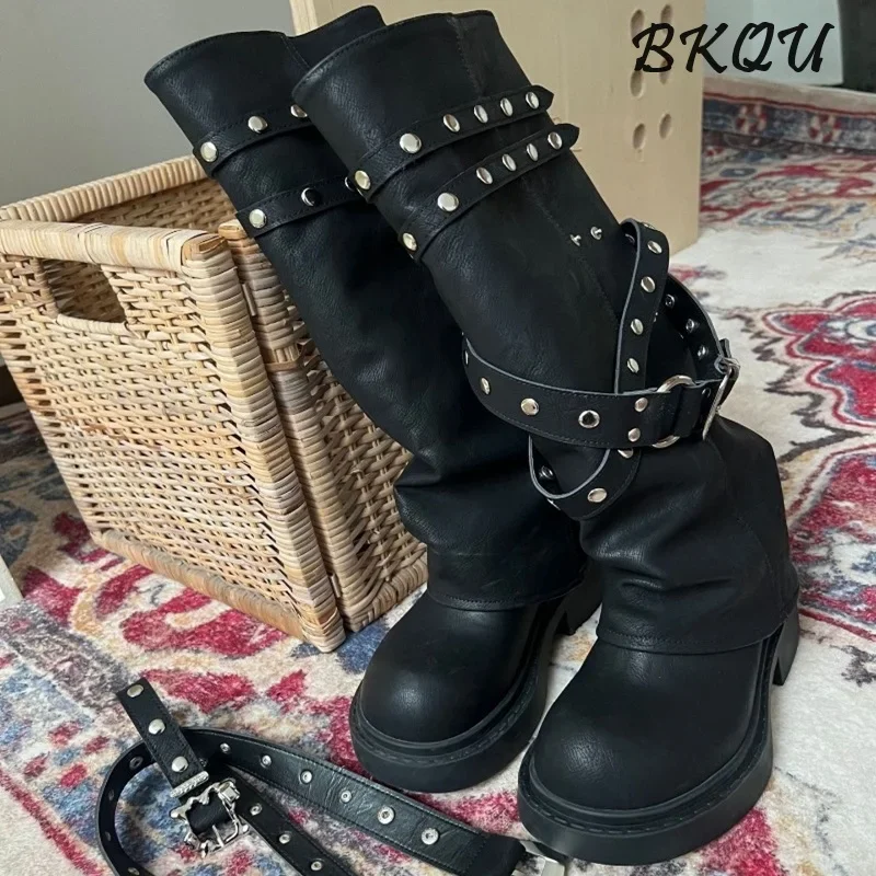 BKQU Black Maillard Style Pant Boots 2024 New Trend Autumn Retro Round Head Niche Design Sense Long Rivet Knight Boots