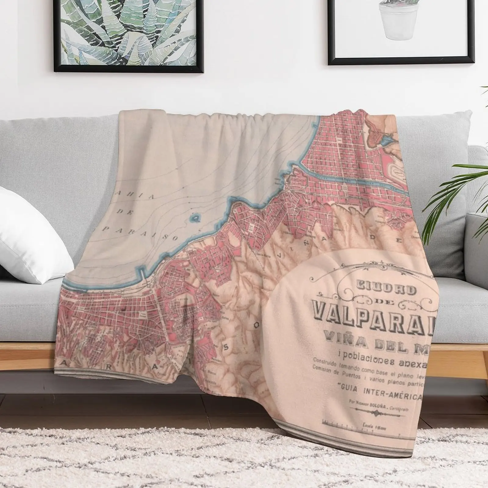 Vintage Map of Valparaiso Chile (1895) Throw Blanket Bed Nap Blankets