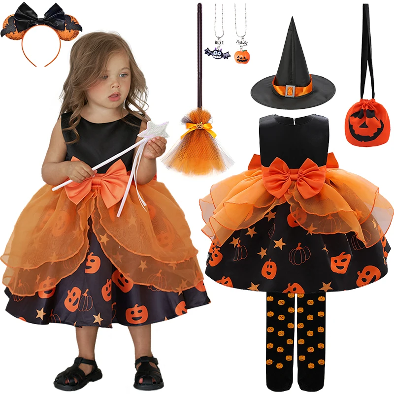 

2023 Elegant Infant Girl Pumpkin Print Tiered Ruffle Style Halloween Baby Witch Dress Carnival Ghost Skeleton Masquerade Costume