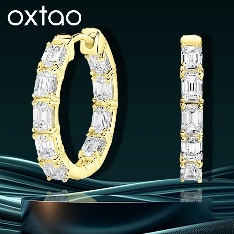 OXTAO Brilliant Moissanite Hoop Earrings 3x2mm Emerald-Cut D VVS1 for Women Huggie Earring Party Wedding Jewelry 14K Gold Filled