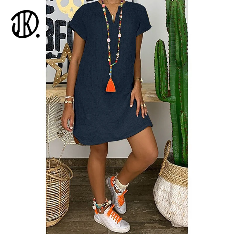 

Fashion Pure Color Short-sleeved Dress Ladies Casual V-neck Mini Dresses New Cotton And Linen Loose Beach Female Dress