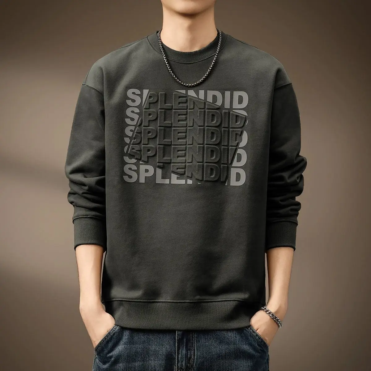 Men's Letter Embossed Long Sleeve Sweatshirt Loose Fit Crew Neck Pullover Fall Winter Casual Oversized Top