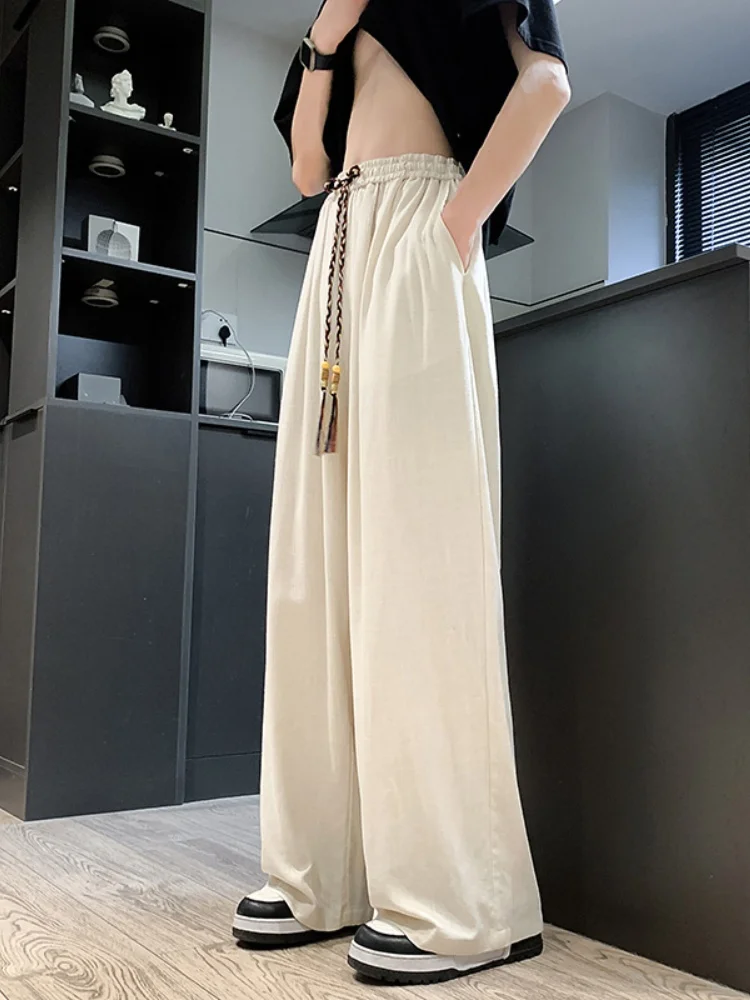 

Ice Silk Cotton Linen Wide Leg Pants Men's Summer Thin Straight Loose Fit Casual Trousers Dra Long Pants Faionable Chin...