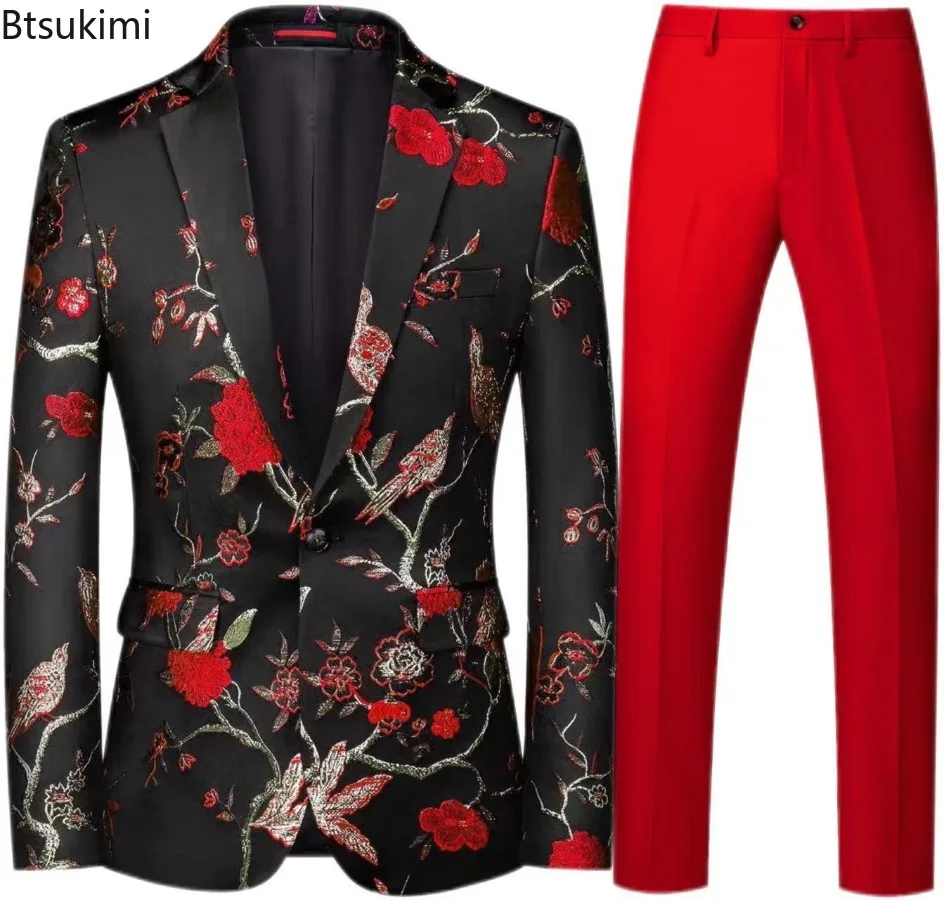 Men's Fashion Jacquard Patterned Suit Set Personalized Stage Performance Banquet Casual Suit Two Piece Sets Male M-6XL Plus Size