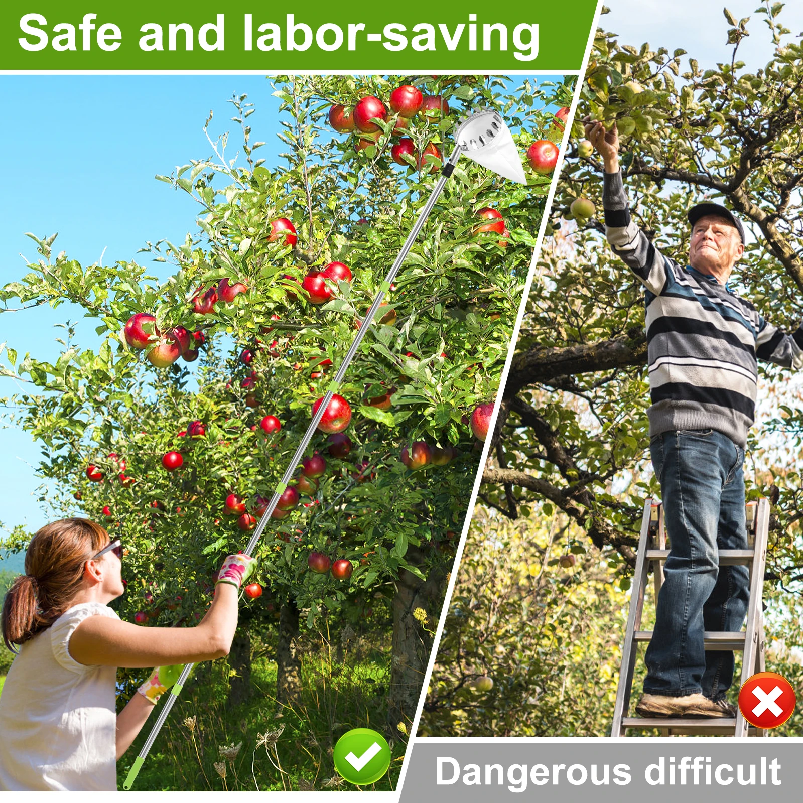 1.5m/2.4m Fruit Picker Stainless Steel Garden Basket Fruit Picker Head with Extendable Pole Lightweight Fruit Picking Tool Set