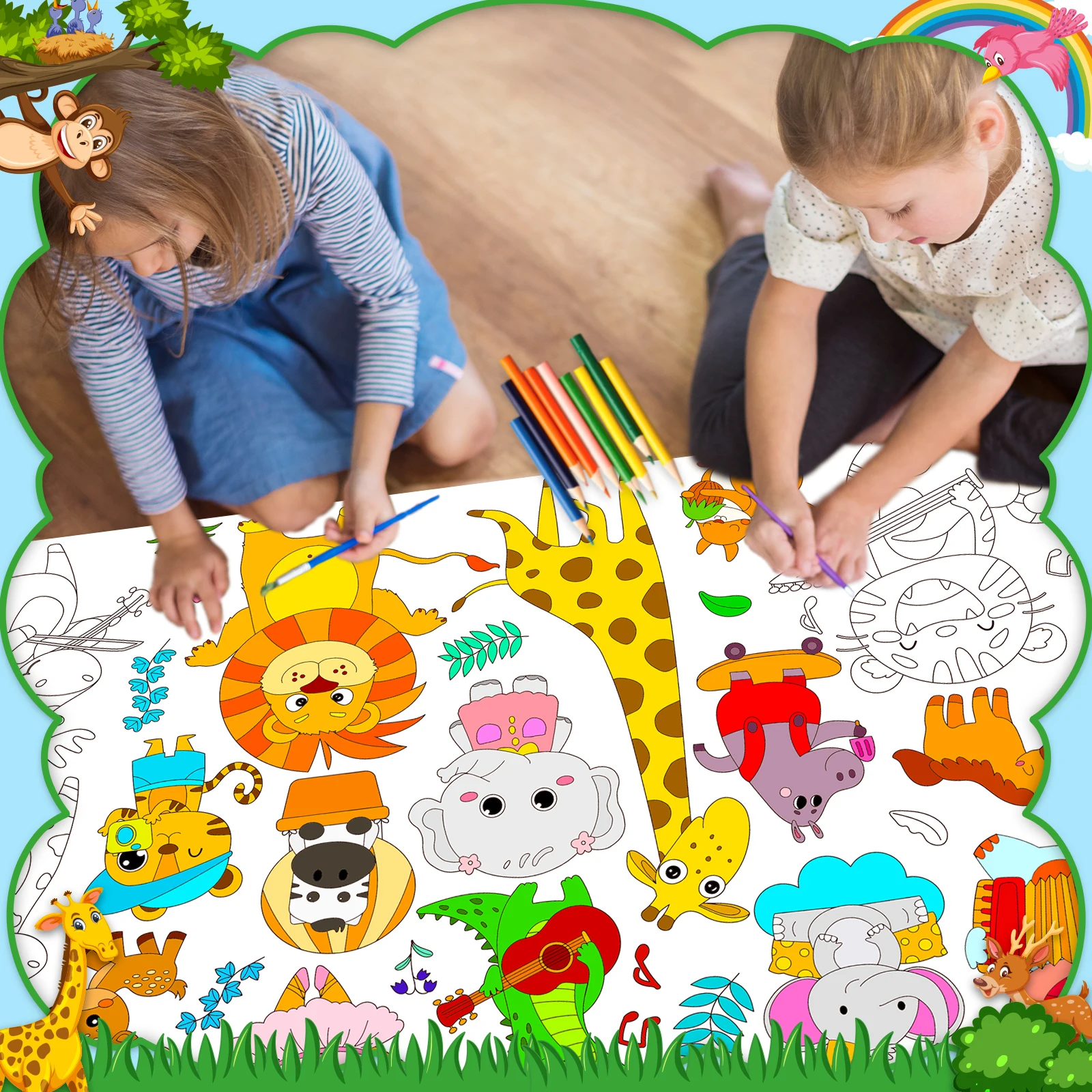 2 Pack Wild Jungle Animal Giant Coloring Poster Large Coloring Table Cloth for Kids Safari Animal Big Jumbo Coloring Pages Craft