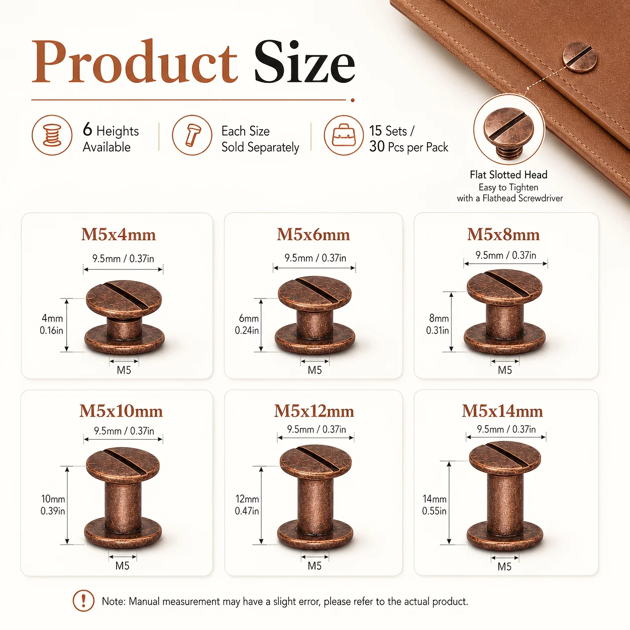 30 pieces/15 sets 4/6/8/10/12/14mm Chicago screw kit leather made buttons for DIY leather craftsmanship and book binding screws