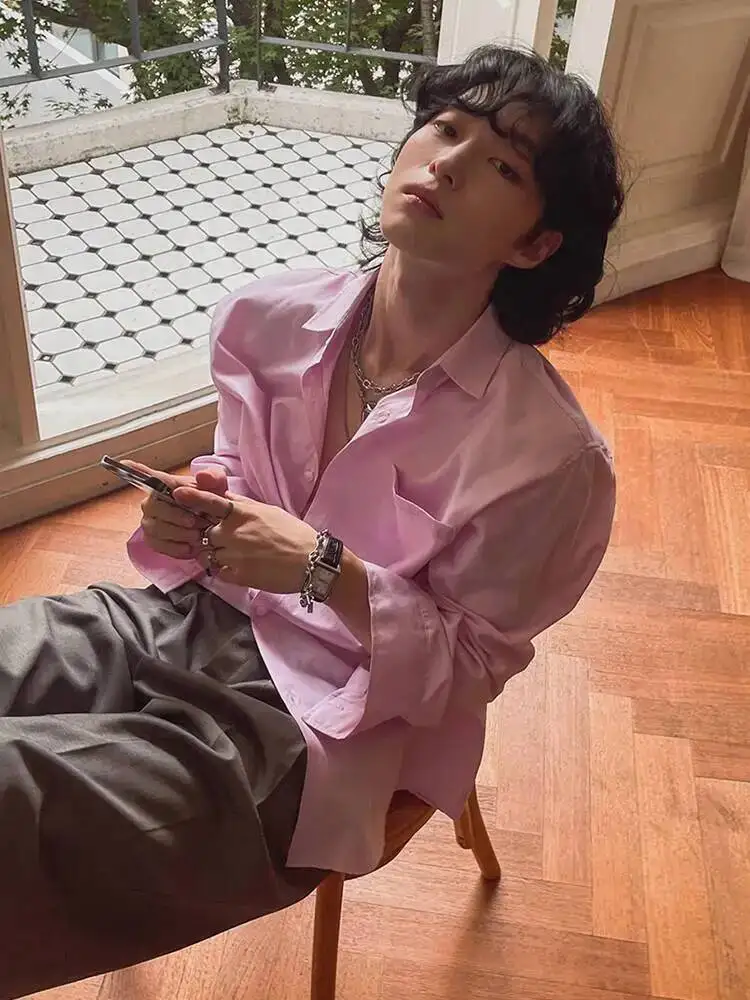

2025 Autumn Korean Style Men's Shirts Turn-down Collar Solid Color Casual Single Breasted Long Sleeved Loose Male Tops