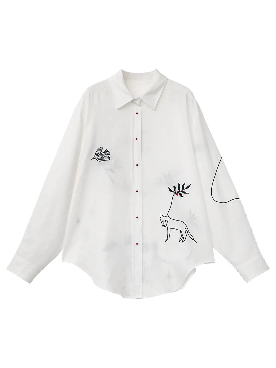 Women's White Long Sleeve Blouse with Pony Embroidery