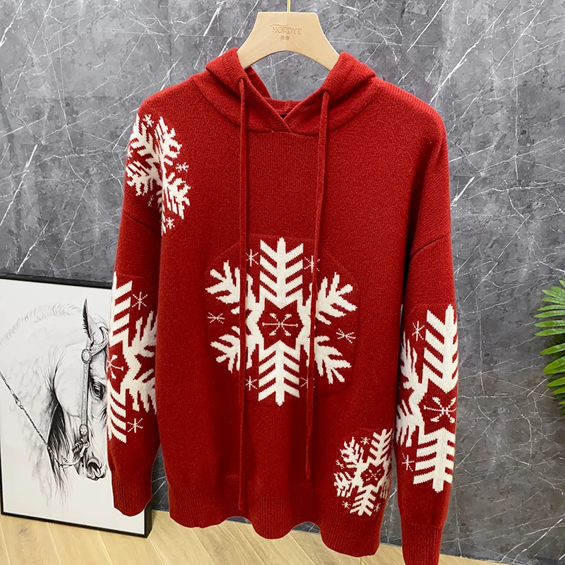 Vintage Pattern Heavyweight Australian Pure Wool Red Knitted Hat Sweater New Year Sle Women's Loose Fit Long Sve Top - view 3